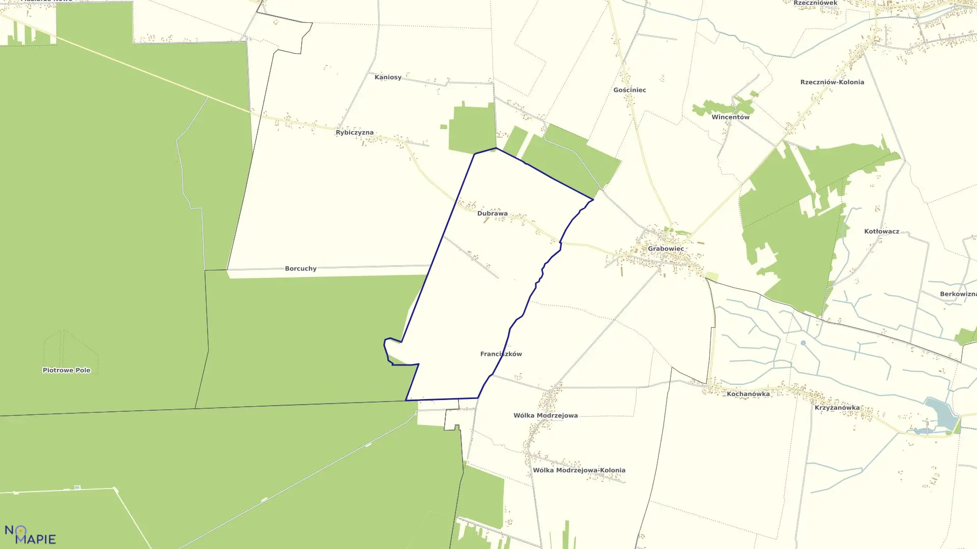 Mapa obrębu DUBRAWA w gminie Rzeczniów