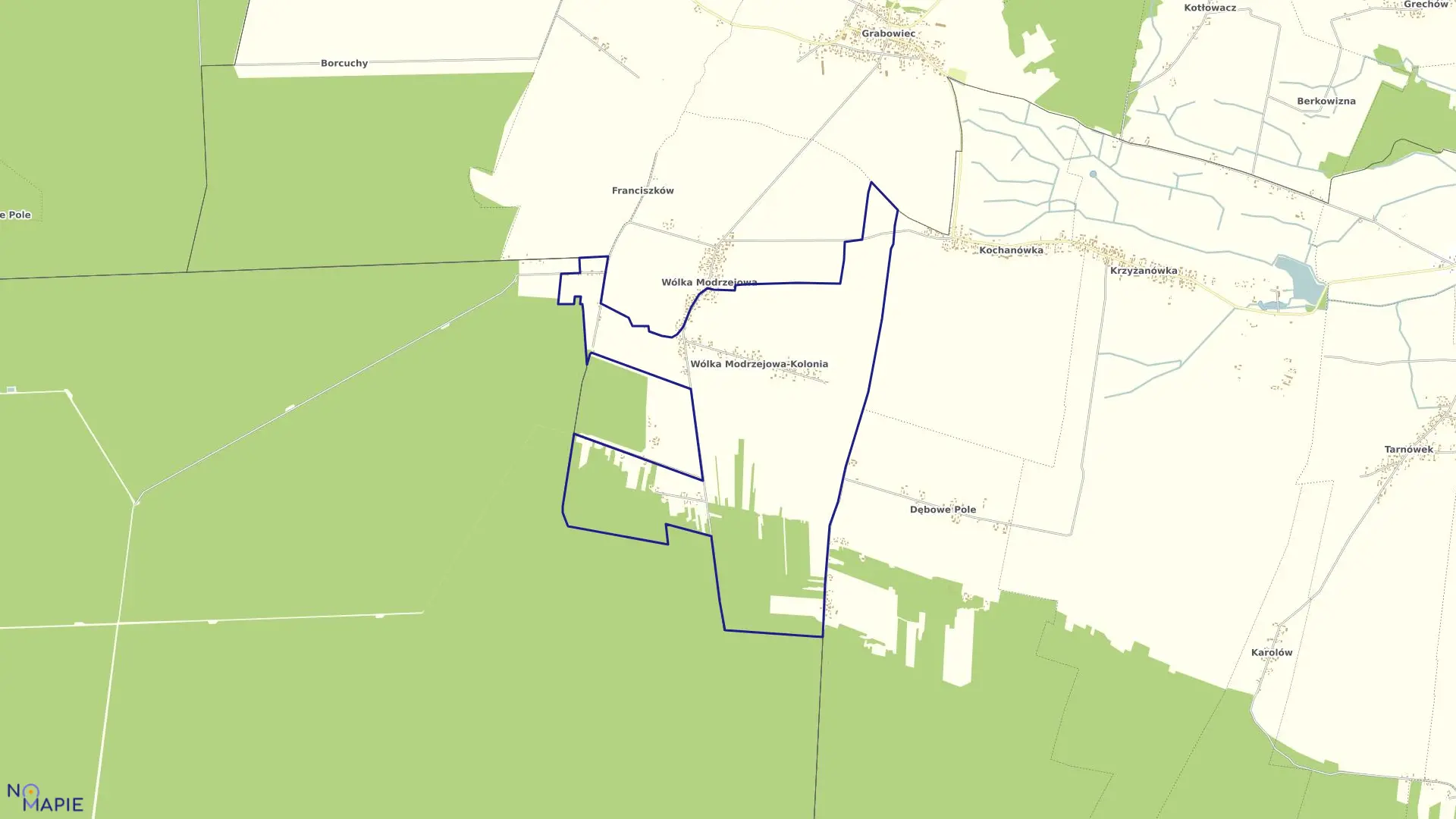 Mapa obrębu WÓLKA MODRZEJOWA KOLONIA w gminie Rzeczniów